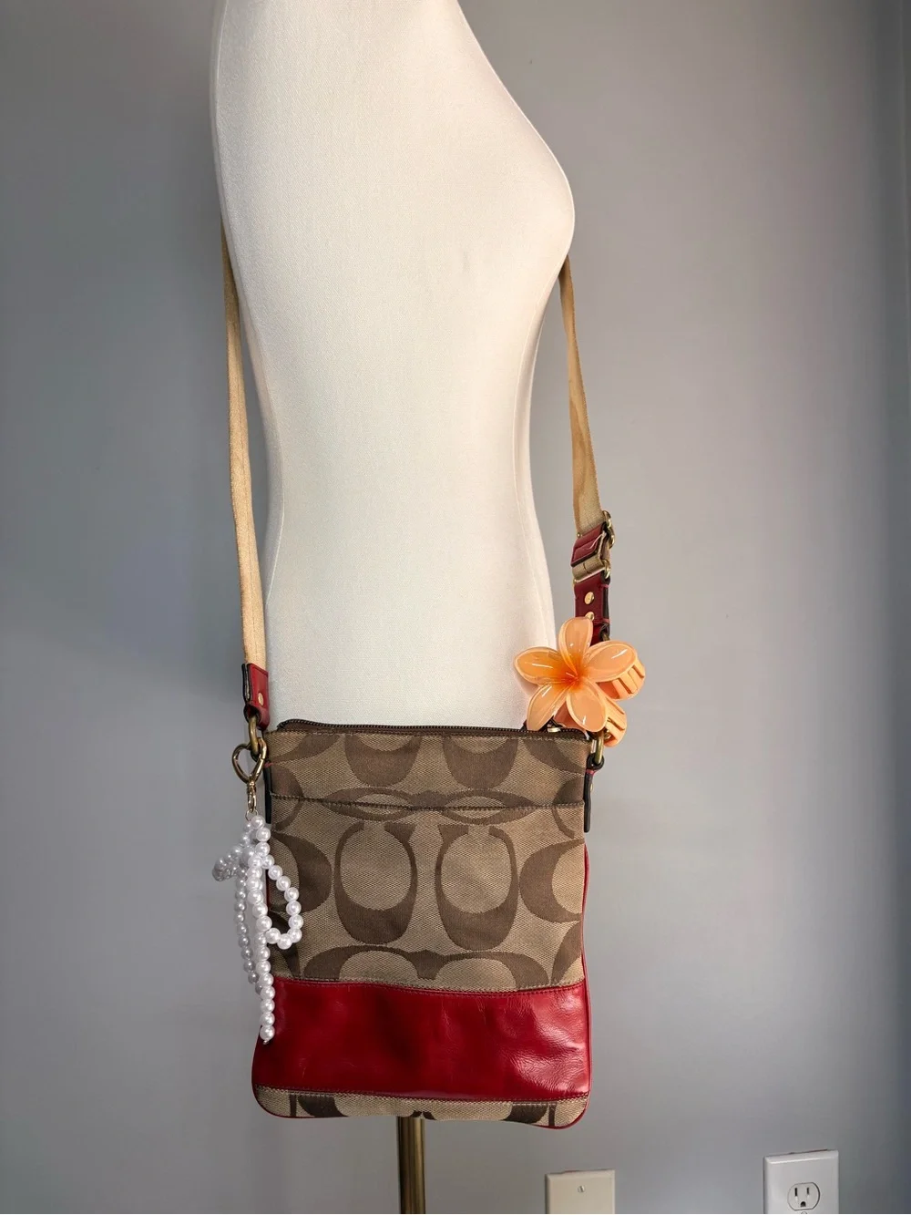Coach Y2K Signature Canvas Crossbody Bag with Red Leather Trim